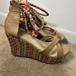 Vibrant Multicolor Beaded Tan Wedge Sandals Size 40/9.5-10